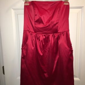 Red satin strapless dress